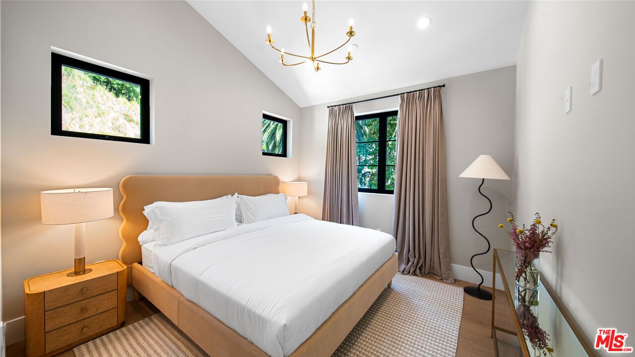 Bedroom, Chandelier, Interior, Recessed Lighting, Wood Texture Flooring