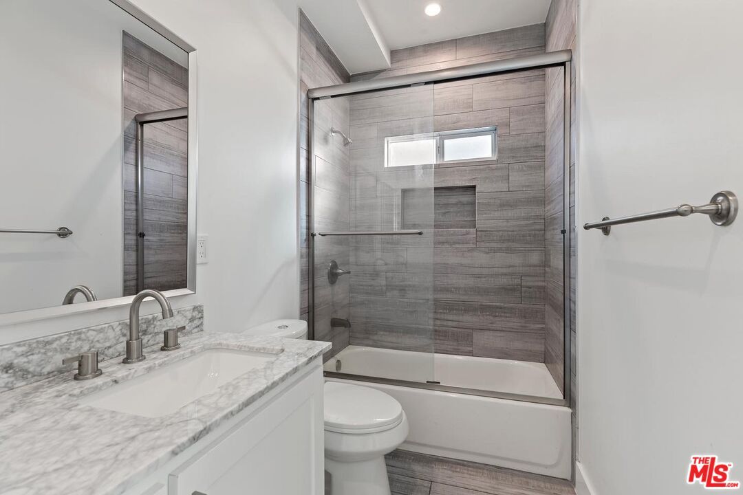 Bathroom, Glass Shower, Interior, Recessed Lighting, Wood Texture Flooring