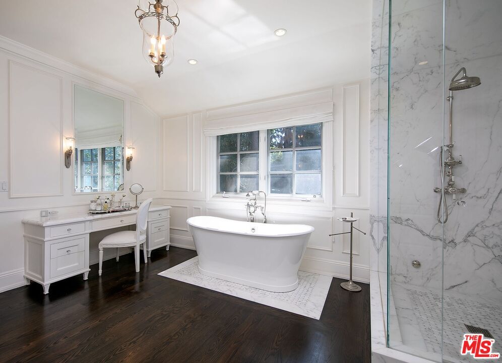 Bathroom, Free Standing Baths, Glass Shower, Interior, Marble Walls, Pendant Lights, Recessed Lighting, Wood Texture Flooring
