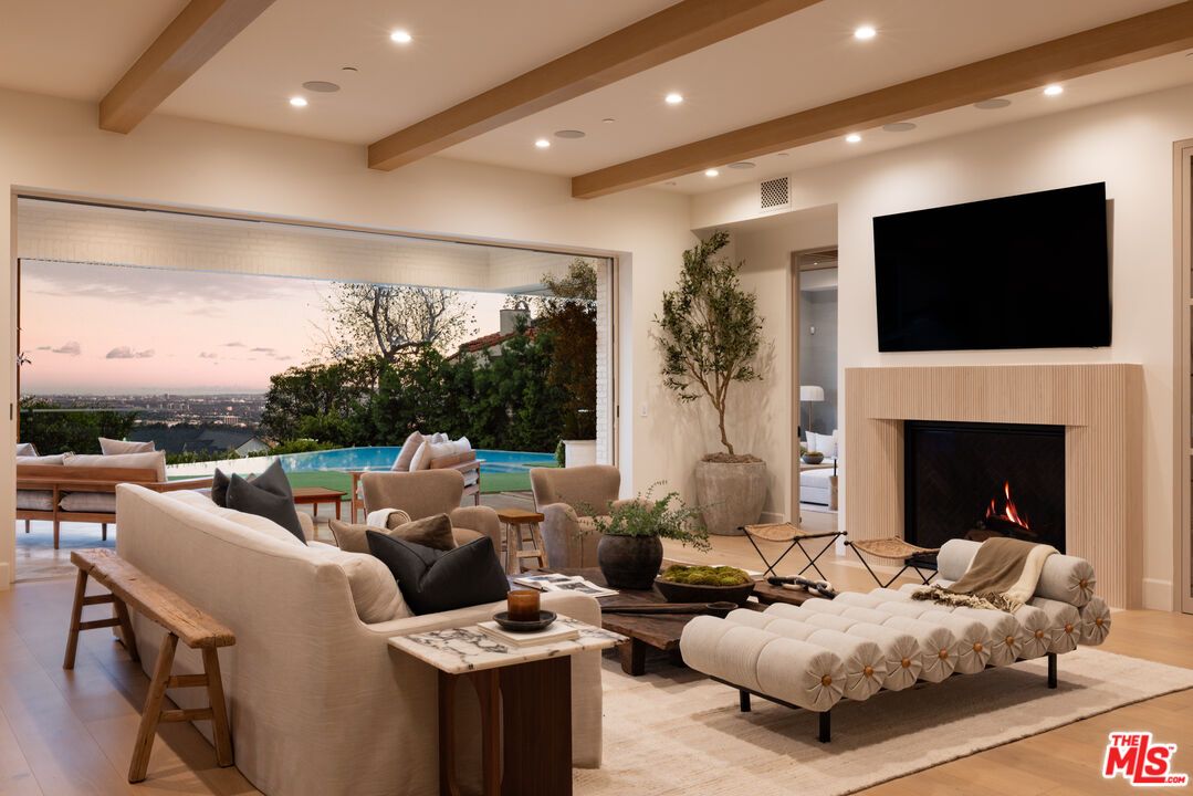 Fireplace, Interior, Living room, Recessed Lighting, Wooden Beams, Wood Texture Flooring