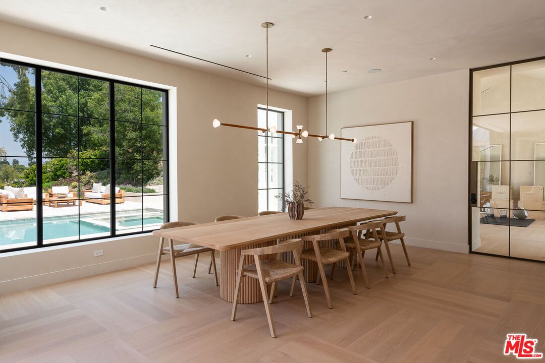 Dining room, Interior, Pendant Lights, Recessed Lighting, Wood Texture Flooring