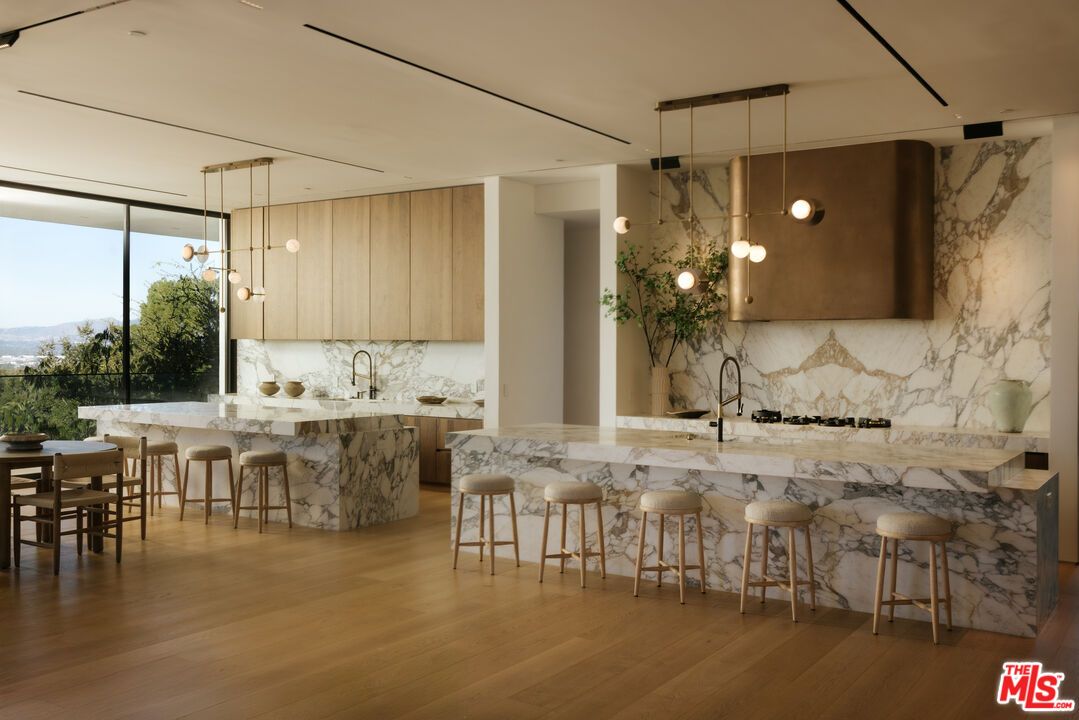 Interior, Kitchen, Marble Walls, Pendant Lights, Wood Texture Flooring