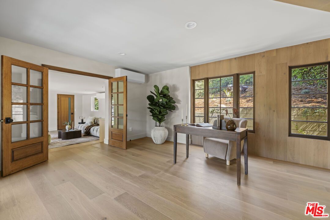 Home Office, Interior, Recessed Lighting, Wood Texture Flooring, Wooden Walls