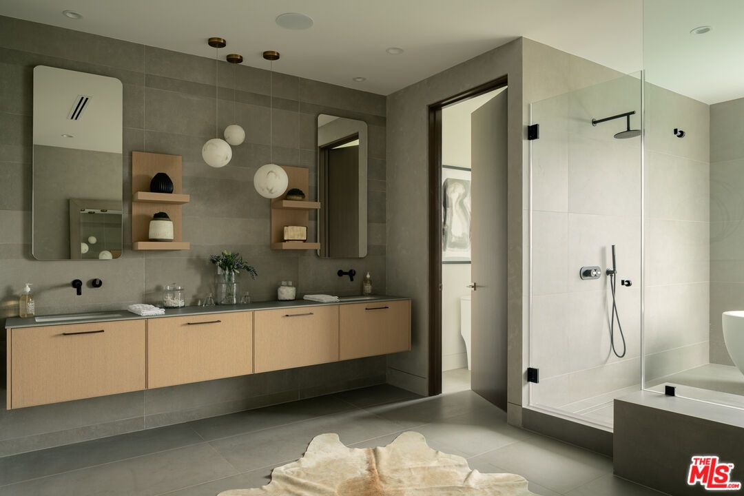 Bathroom, Dual Sink Vanities, Glass Shower, Interior, Pendant Lights, Recessed Lighting