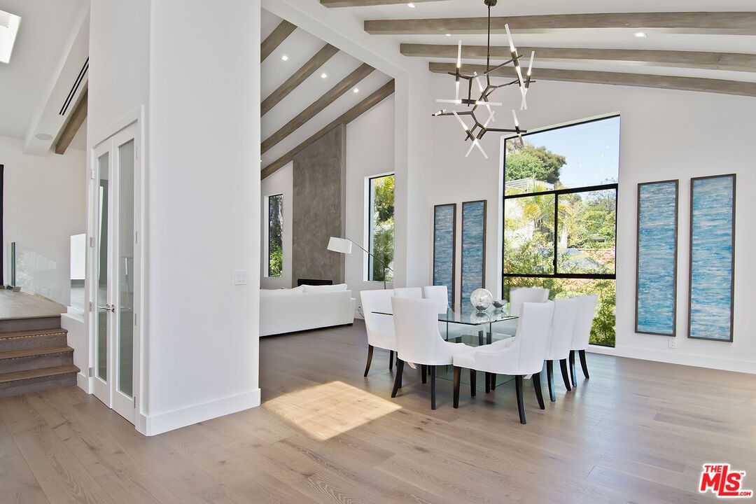 Dining room, Interior, Living room, Pendant Lights, Recessed Lighting, Wooden Beams, Wood Texture Flooring