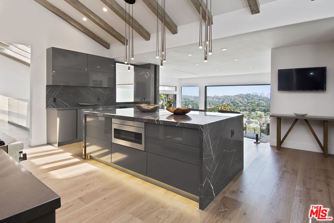 Interior, Kitchen, Marble Walls, Pendant Lights, Recessed Lighting, Stainless Steel Appliances, Wooden Beams, Wood Texture Flooring
