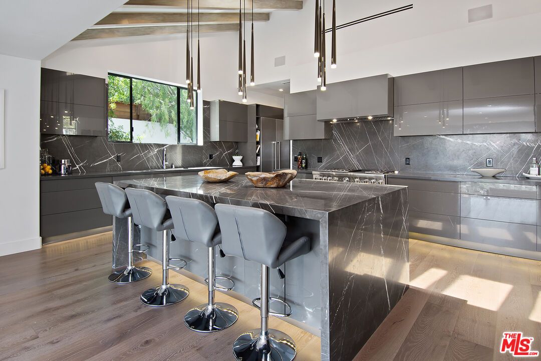 Interior, Kitchen, Marble Walls, Pendant Lights, Recessed Lighting, Stainless Steel Appliances, Wood Texture Flooring