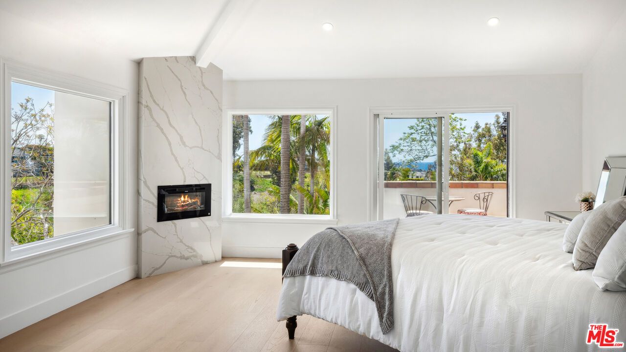 Bedroom, Fireplace, Interior, Marble Walls, Recessed Lighting, Wood Texture Flooring