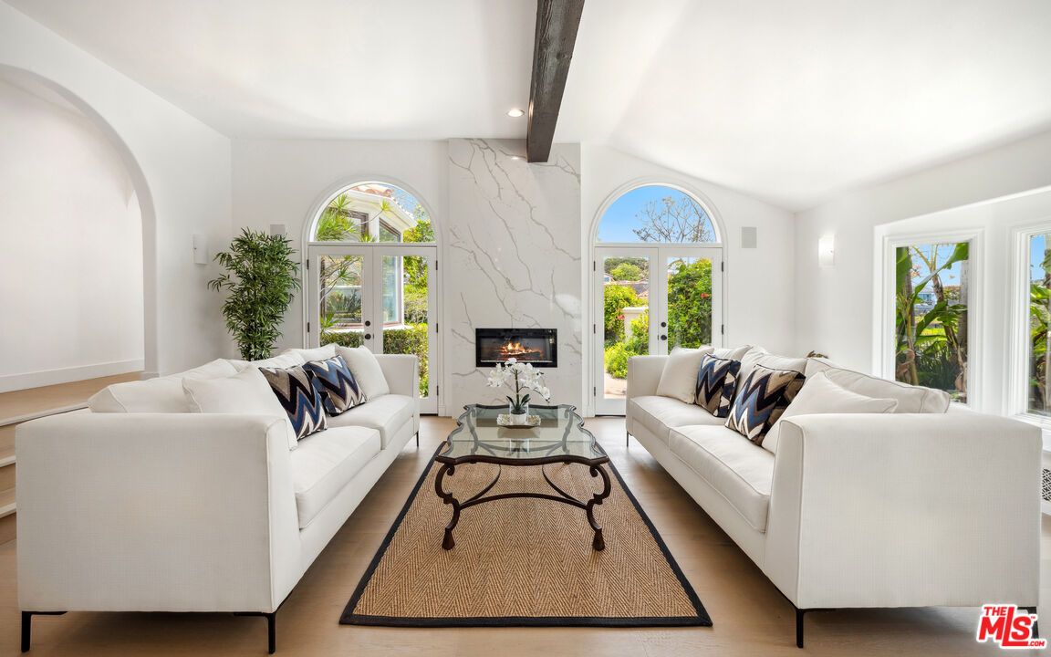 Fireplace, Interior, Living room, Recessed Lighting, Wooden Beams, Wood Texture Flooring