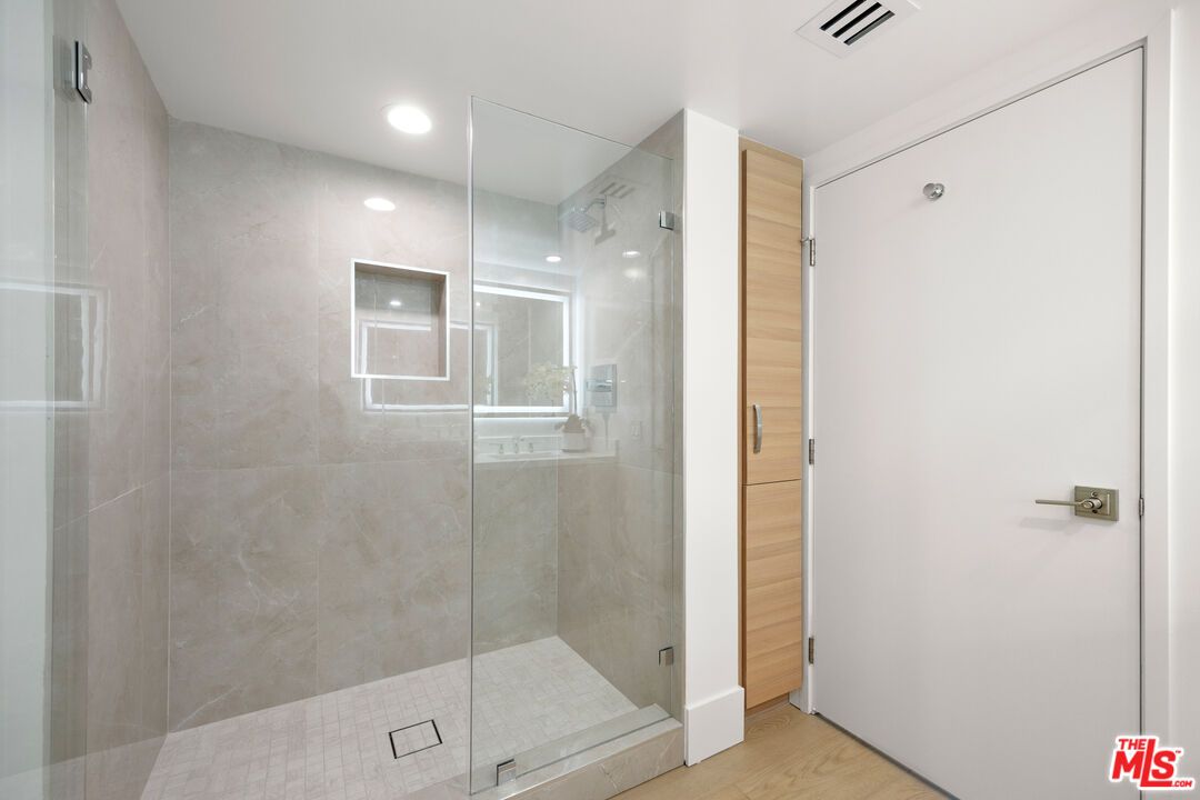 Bathroom, Glass Shower, Interior, Recessed Lighting, Wood Texture Flooring