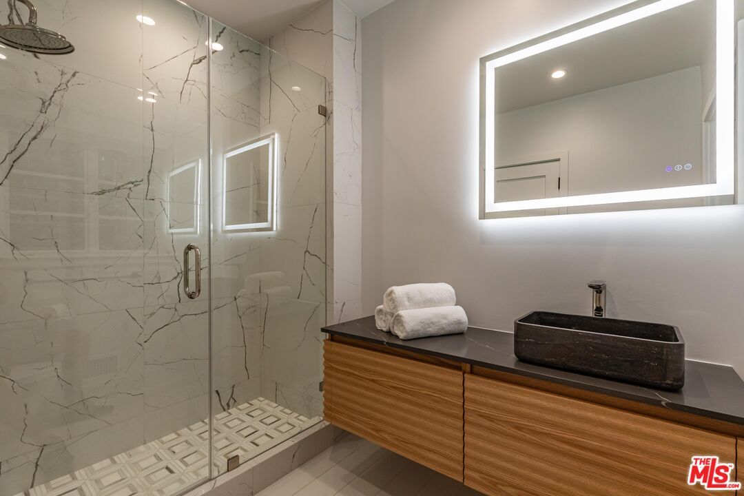Bathroom, Glass Shower, Interior, Marble Walls, Recessed Lighting
