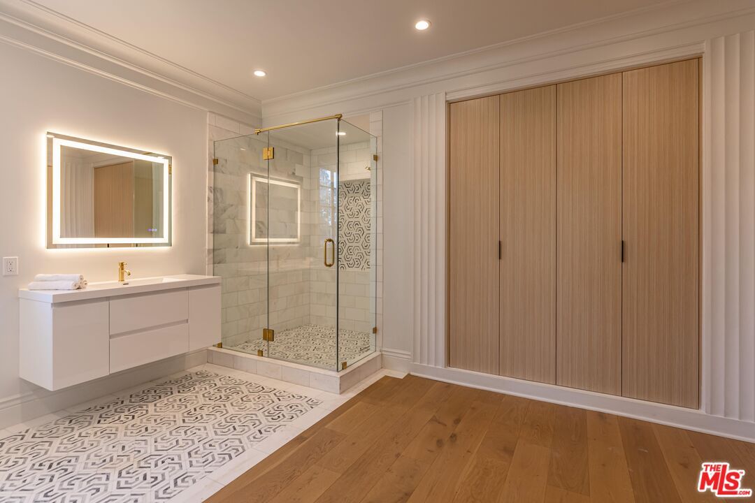 Bathroom, Glass Shower, Interior, Recessed Lighting, Wood Texture Flooring