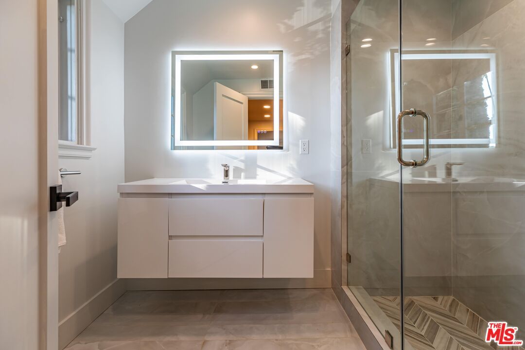 Bathroom, Glass Shower, Interior, Recessed Lighting, Wood Texture Flooring