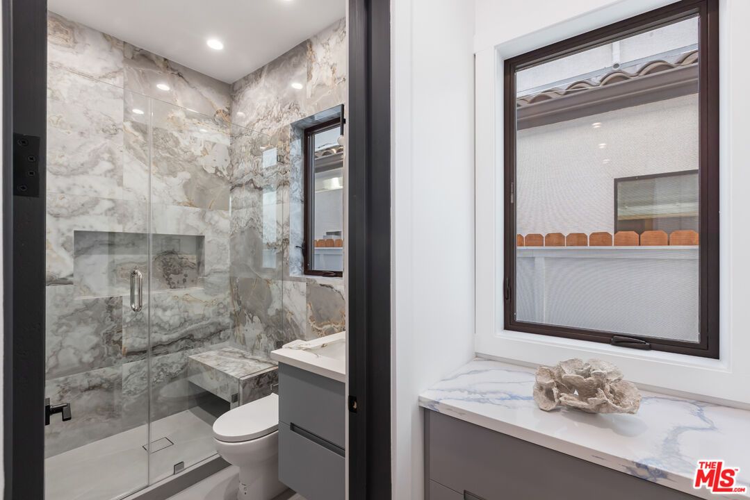 Bathroom, Glass Shower, Interior, Marble Walls, Recessed Lighting