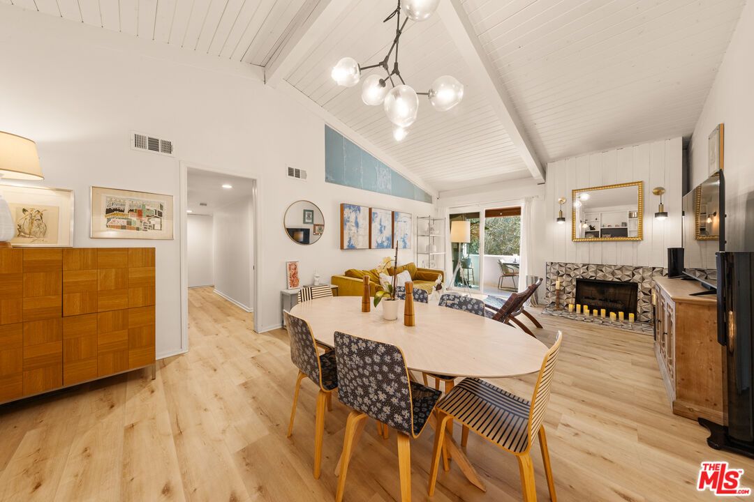 Dining room, Fireplace, Interior, Living room, Pendant Lights, Wood Texture Flooring
