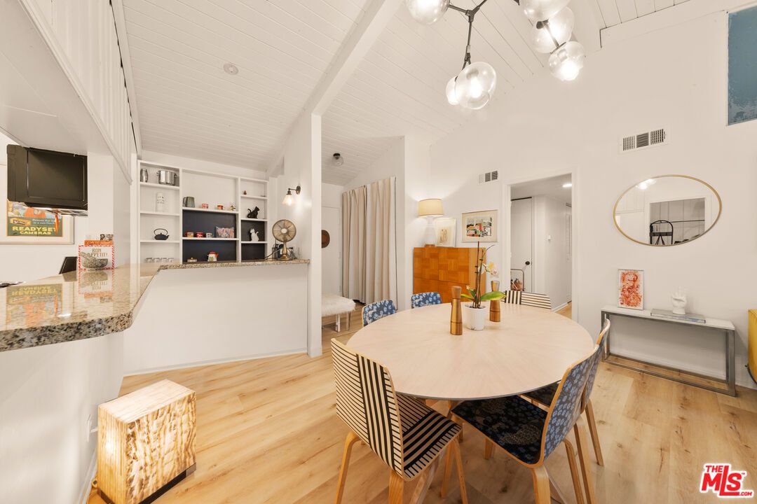 Dining room, Interior, Pendant Lights, Wood Texture Flooring
