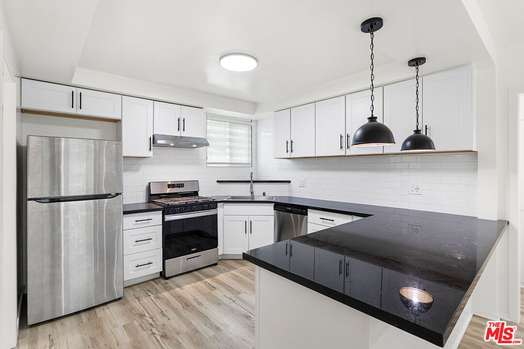 Interior, Kitchen, Pendant Lights, Stainless Steel Appliances, Wood Texture Flooring