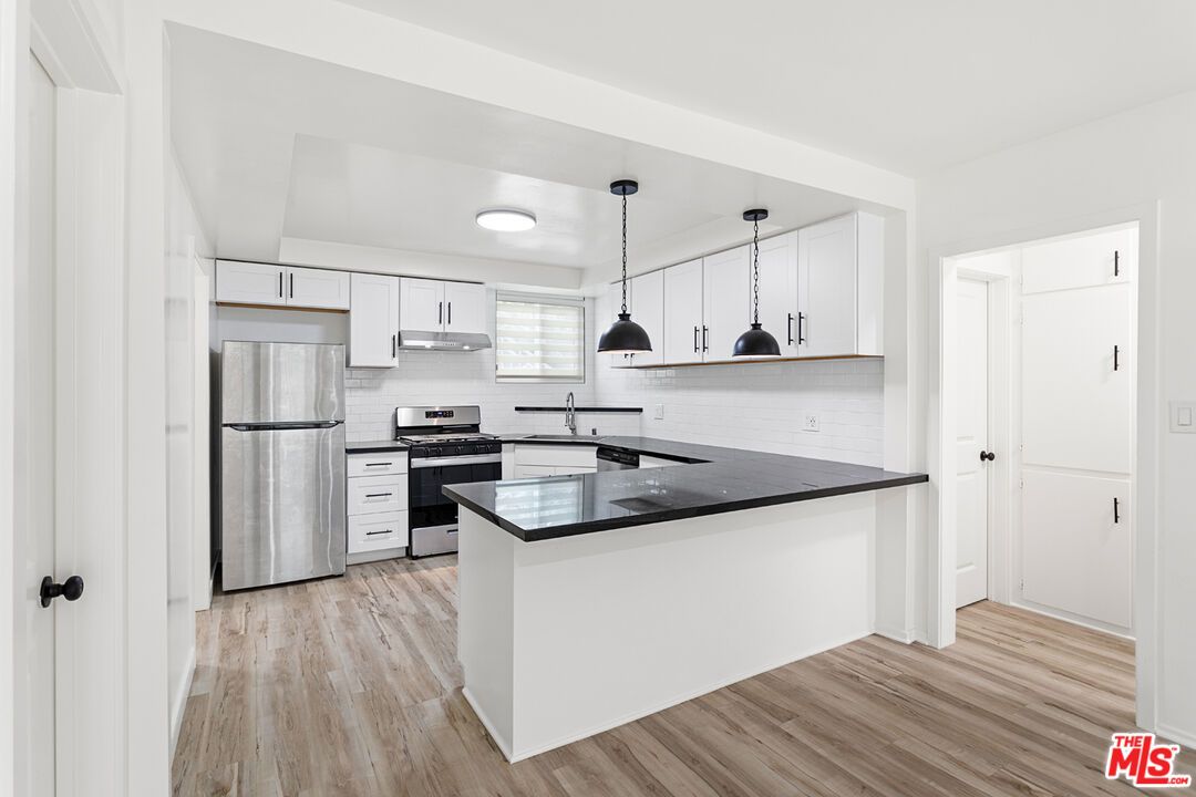 Interior, Kitchen, Pendant Lights, Stainless Steel Appliances, Wood Texture Flooring