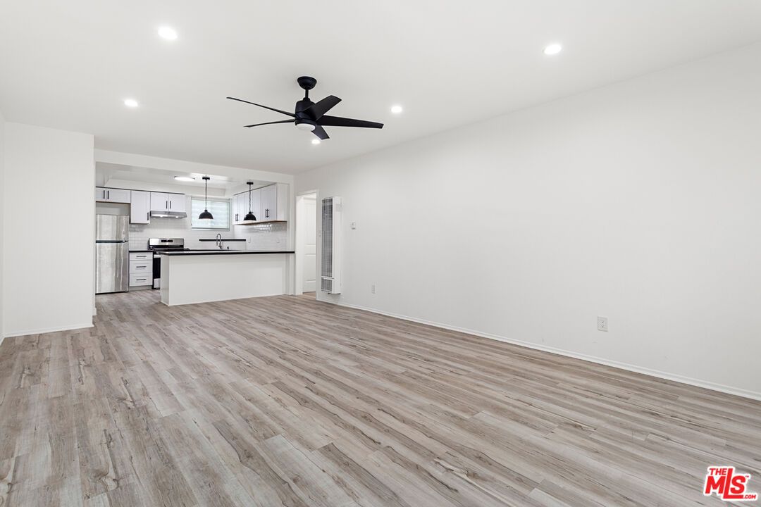 Empty room, Interior, Kitchen, Pendant Lights, Recessed Lighting, Wood Texture Flooring