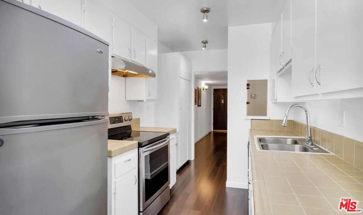 Interior, Kitchen, Tile Countertops, Wood Texture Flooring