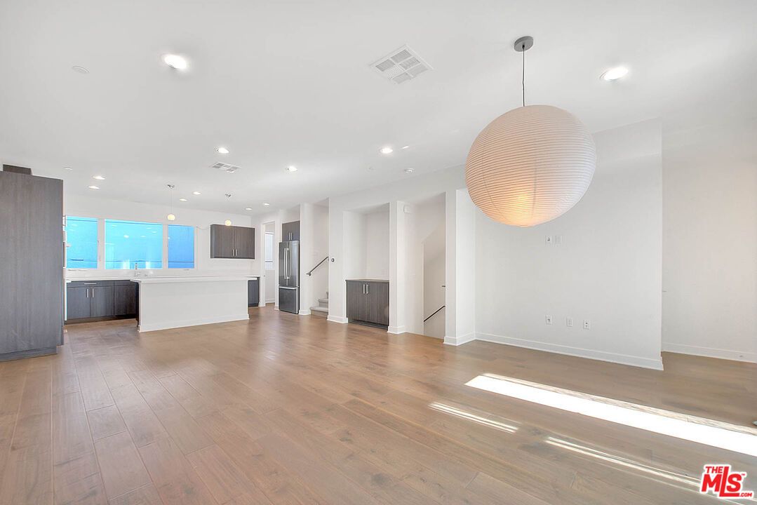 Empty room, Interior, Kitchen, Pendant Lights, Recessed Lighting, Wood Texture Flooring