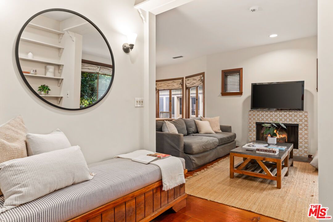 Bedroom, Fireplace, Interior, Recessed Lighting, Wood Texture Flooring