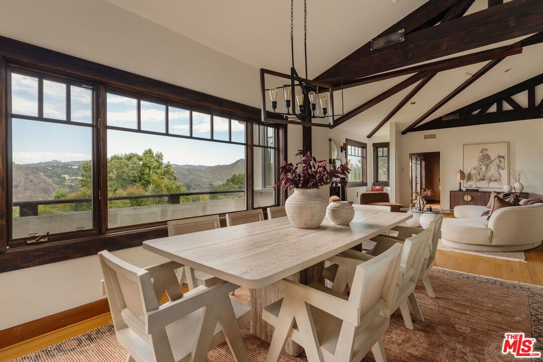 Dining room, Interior, Pendant Lights, Wooden Beams, Wood Texture Flooring