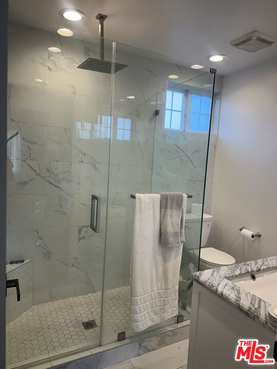 Bathroom, Glass Shower, Interior, Marble Walls, Recessed Lighting