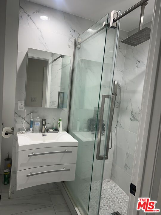 Bathroom, Glass Shower, Interior, Marble Walls, Recessed Lighting