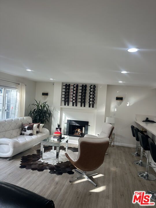 Fireplace, Interior, Living room, Recessed Lighting, Wood Texture Flooring