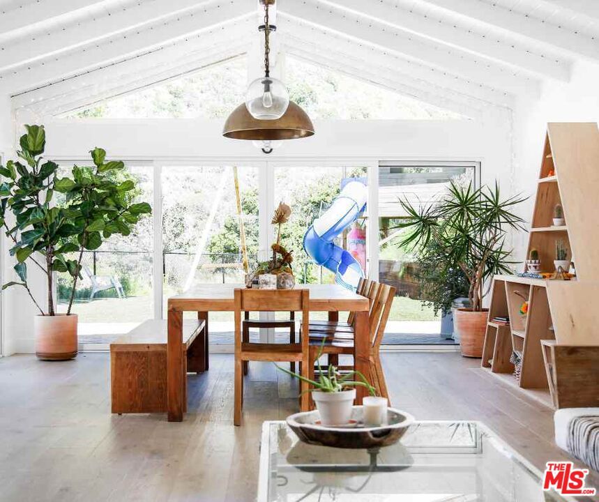 Dining room, Interior, Pendant Lights, Wood Texture Flooring