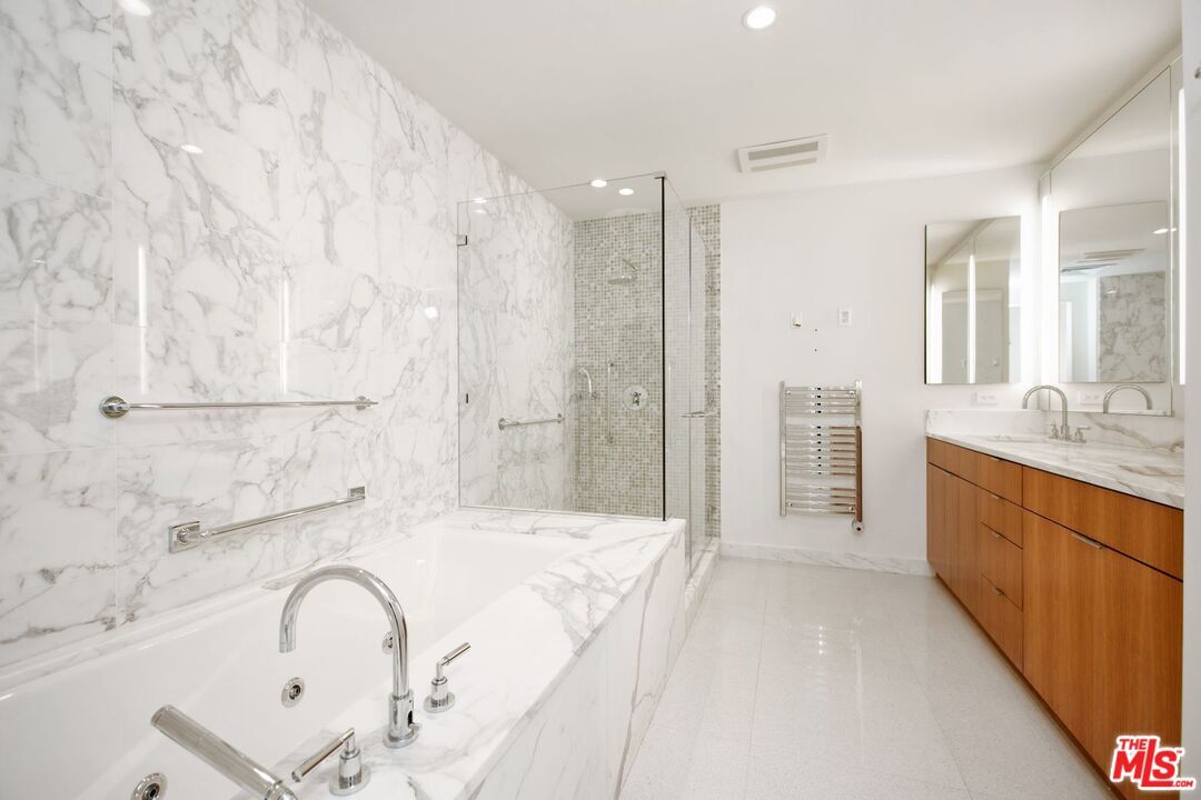 Bathroom, Dual Sink Vanities, Glass Shower, Interior, Marble Walls, Recessed Lighting