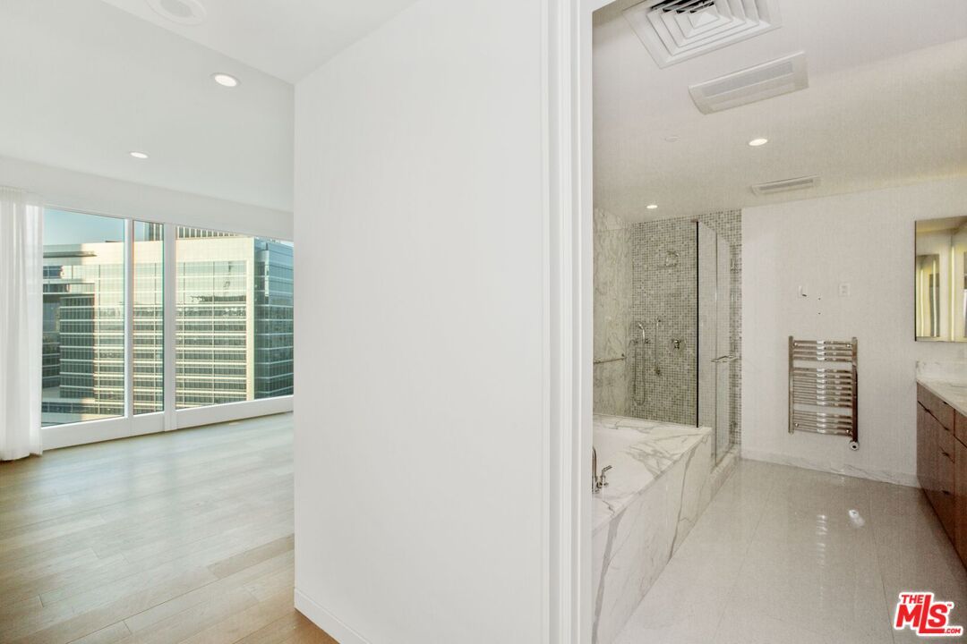 Bathroom, Glass Shower, Interior, Marble, Recessed Lighting, Wood Texture Flooring