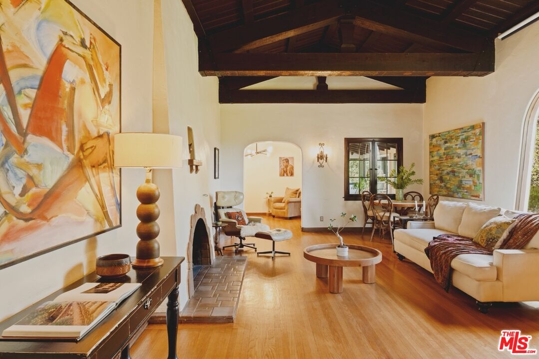 Dining room, Fireplace, Interior, Living room, Wooden Beams, Wooden Ceilings, Wood Texture Flooring