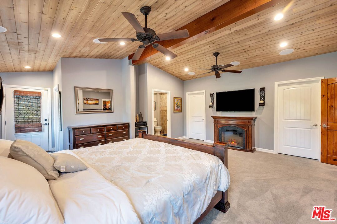 Bedroom, Fireplace, Interior, Recessed Lighting, Wooden Beams, Wooden Ceilings