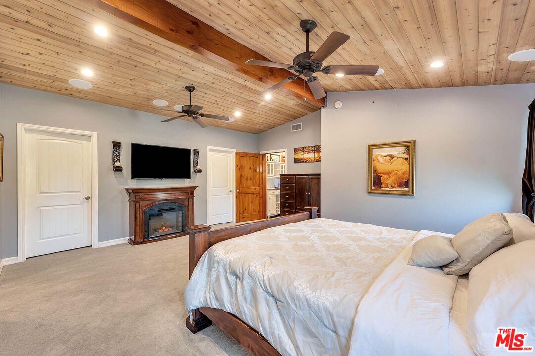Bedroom, Fireplace, Interior, Recessed Lighting, Wooden Ceilings