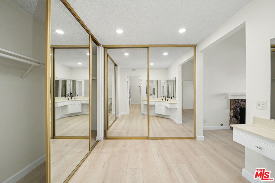 Bathroom, Fireplace, Interior, Recessed Lighting, Wood Texture Flooring
