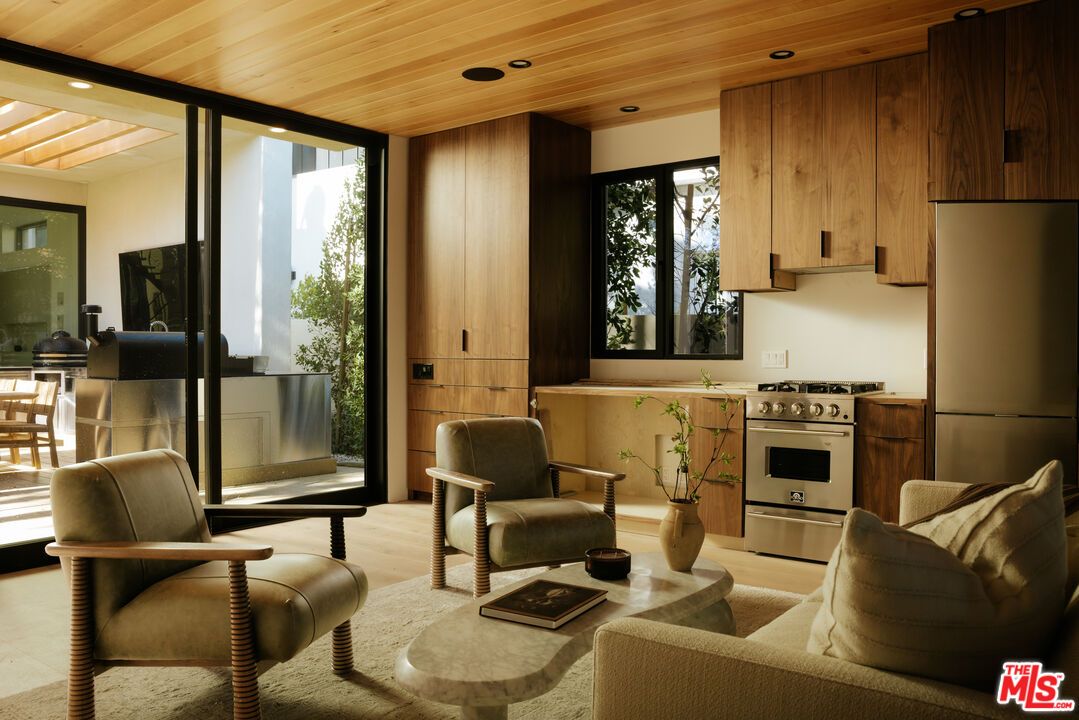 Interior, Kitchen, Living room, Recessed Lighting, Stainless Steel Appliances, Wooden Ceilings, Wood Texture Flooring