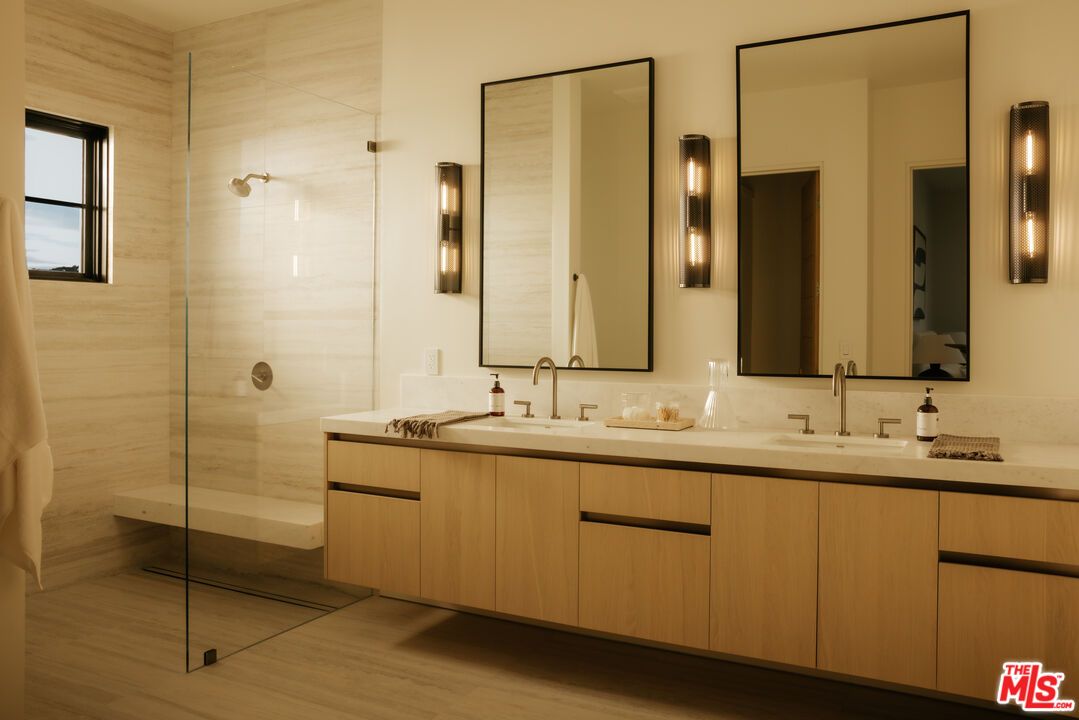 Bathroom, Dual Sink Vanities, Glass Shower, Interior, Wood Texture Flooring