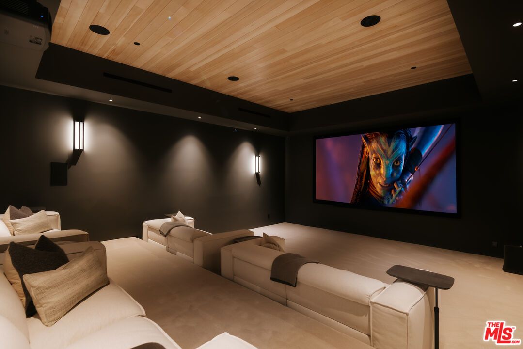 Interior, Projection Screen, Recessed Lighting, Theatre Room, Wooden Ceilings