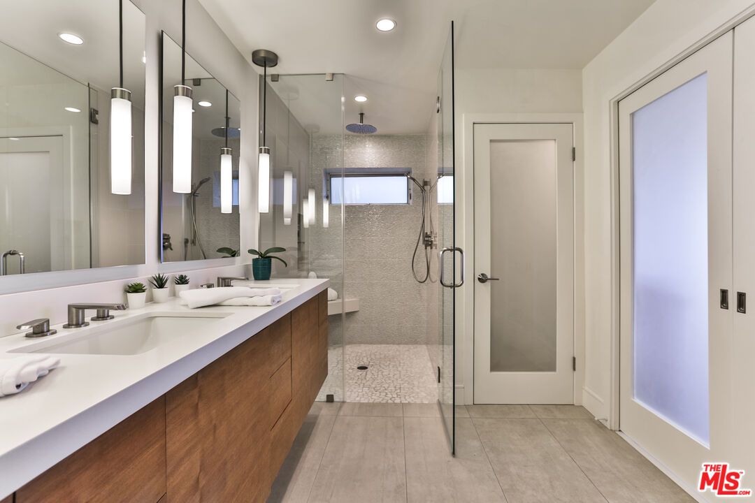 Bathroom, Dual Sink Vanities, Glass Shower, Interior, Pendant Lights, Recessed Lighting
