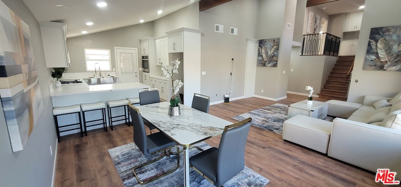 Dining room, Interior, Kitchen, Living room, Recessed Lighting, Wood Texture Flooring