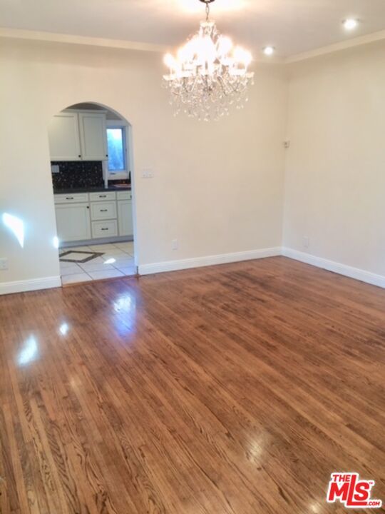 Chandelier, Empty room, Interior, Kitchen, Recessed Lighting, Wood Texture Flooring