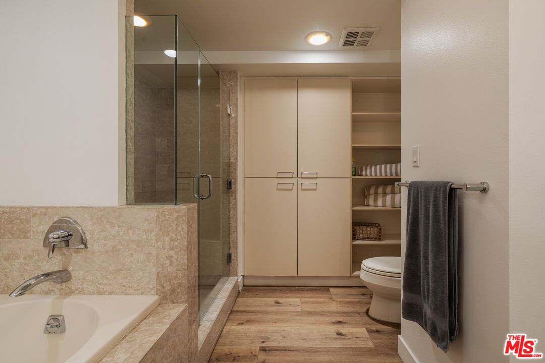 Bathroom, Glass Shower, Interior, Recessed Lighting, Wood Texture Flooring