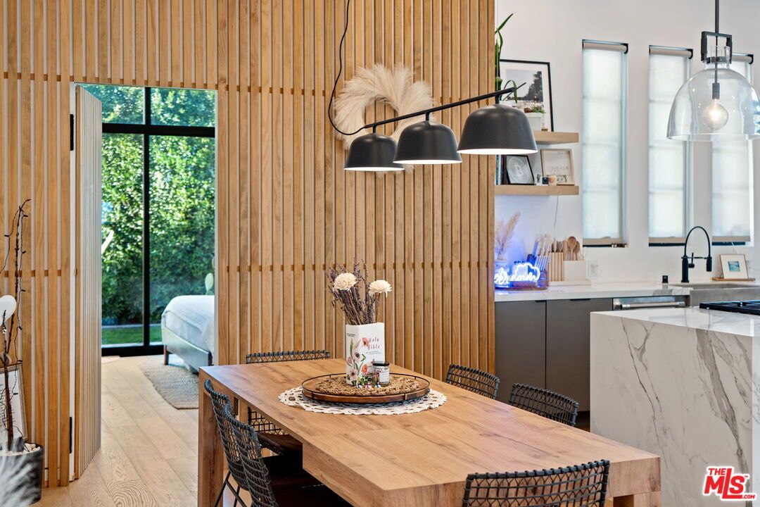 Dining room, Interior, Kitchen, Pendant Lights, Wood Texture Flooring