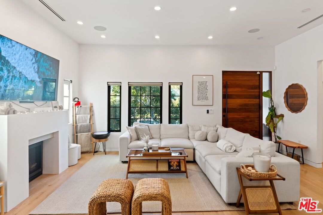 Fireplace, Interior, Living room, Recessed Lighting, Wood Texture Flooring