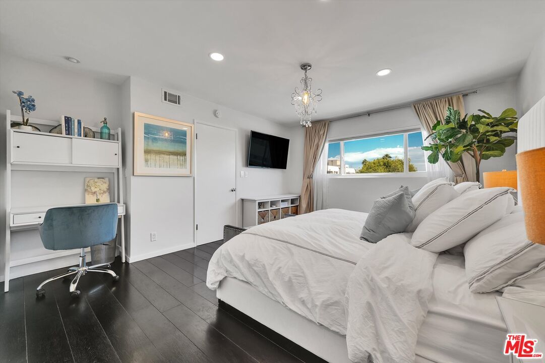 Bedroom, Chandelier, Interior, Recessed Lighting, Wood Texture Flooring