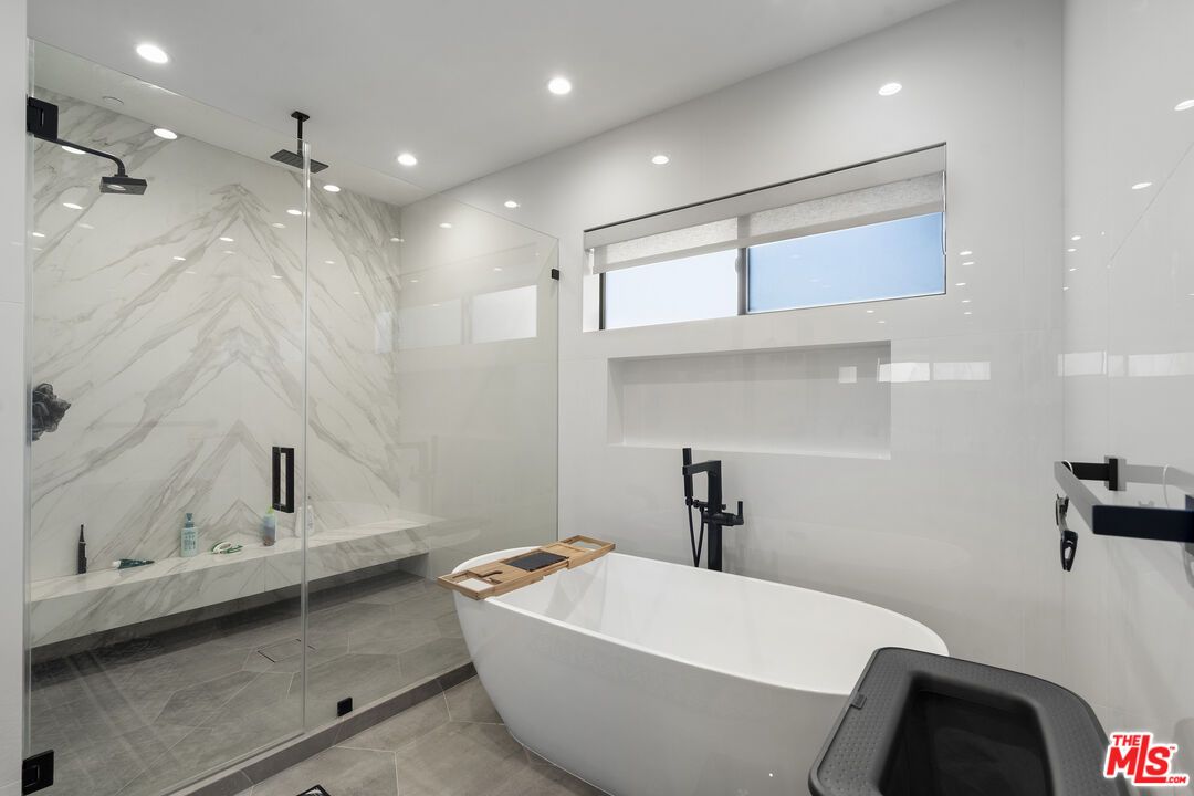 Bathroom, Free Standing Baths, Glass Shower, Interior, Marble Walls, Recessed Lighting