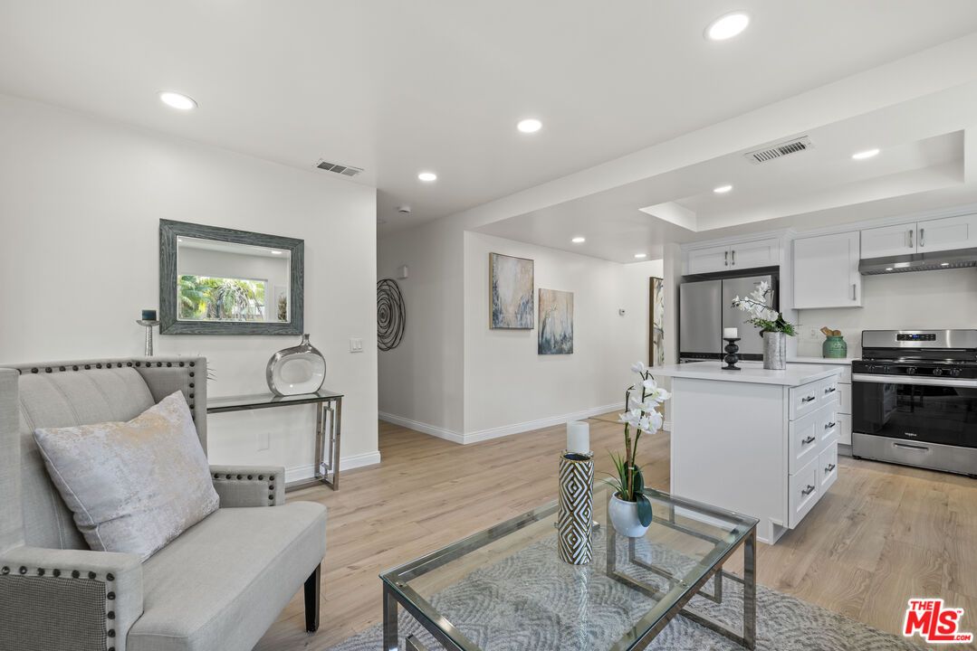 Interior, Kitchen, Living room, Recessed Lighting, Stainless Steel Appliances, Wood Texture Flooring