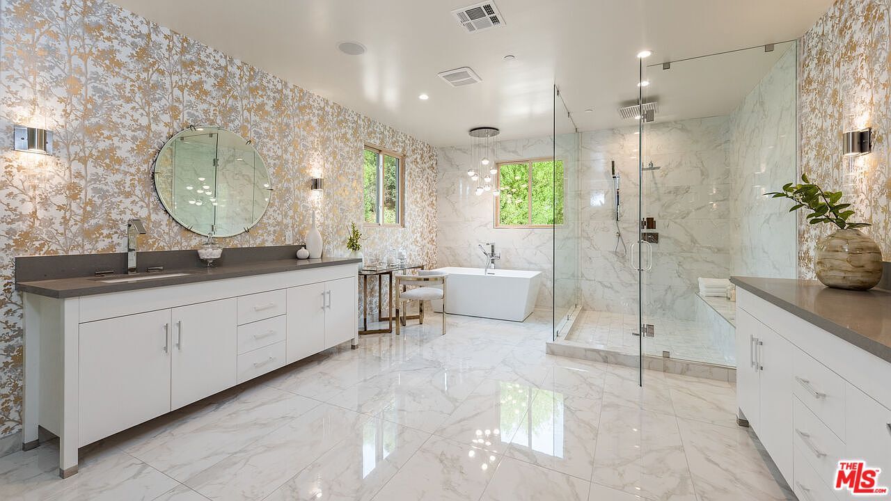 Bathroom, Dual Sink Vanities, Free Standing Baths, Glass Shower, Interior, Marble, Marble Walls, Recessed Lighting